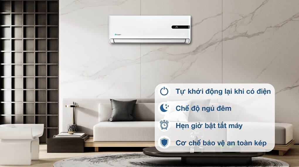 Điều hòa Casper treo tường trong phòng khách hiện đại với các tính năng tự khởi động, chế độ ngủ đêm, hẹn giờ, bảo vệ an toàn